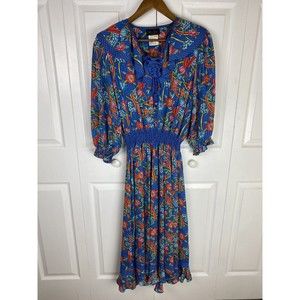 RARE 80s DIANE FRES Tropical Bird Of Paradise Blouson Dress Georgette Midi